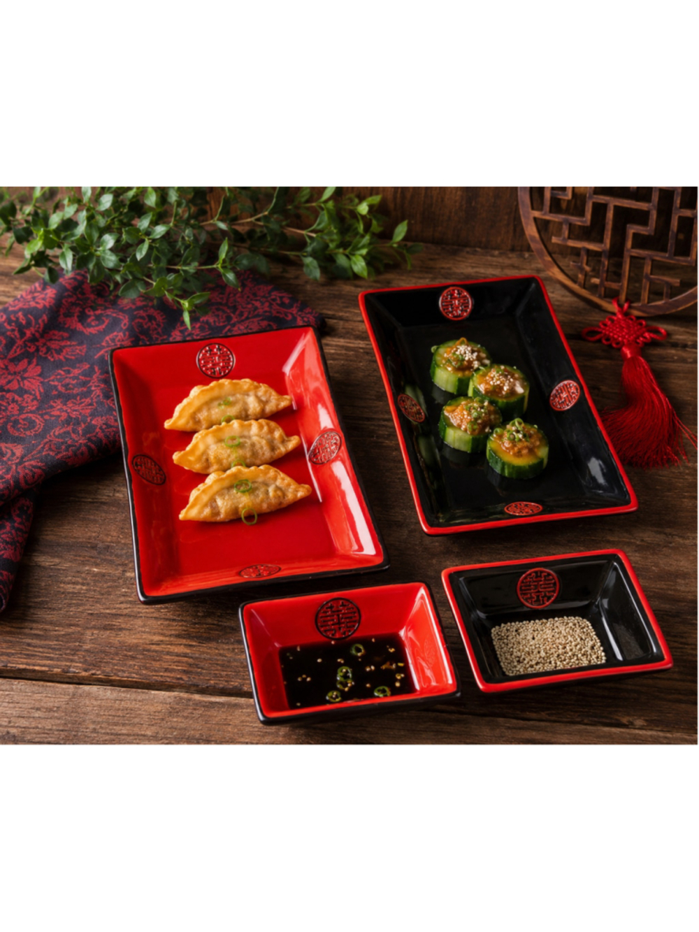 World Market Red Black Appetizer Tray Set Asian Longevity Symbol Ceramic 4pc